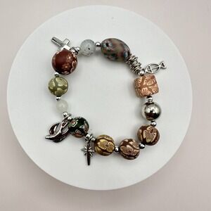 Vintage 90s Millefiori Polymer Clay Bead Religious Charm Bracelet